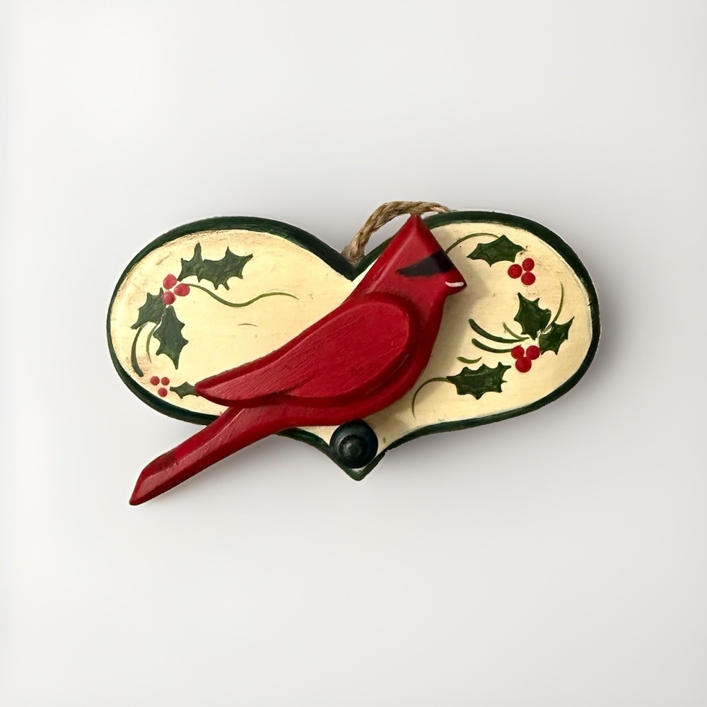 Hand Painted Wooden Cardinal & Holly Heart Christmas Ornament Red Green Twine